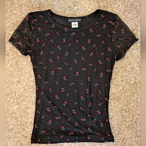 Y2K Black Cherry Print Mesh‎ Baby Tee Women's Top Size L